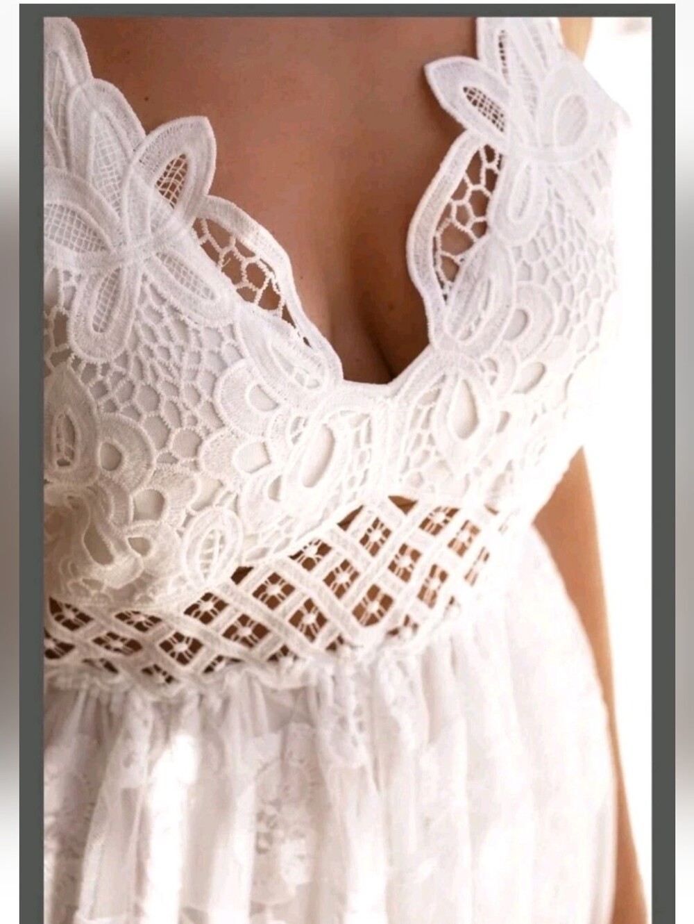 White Lace Maxi Dress Wedding Bralette Top Sheer Boho Crochet Scalloped Beach L - Picture 3 of 13